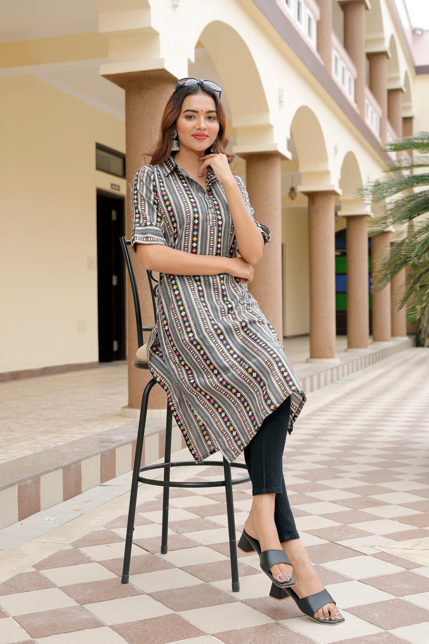 Ethnic Motifs Black Printed Pure Cotton Kurti - Yagnik Fashion