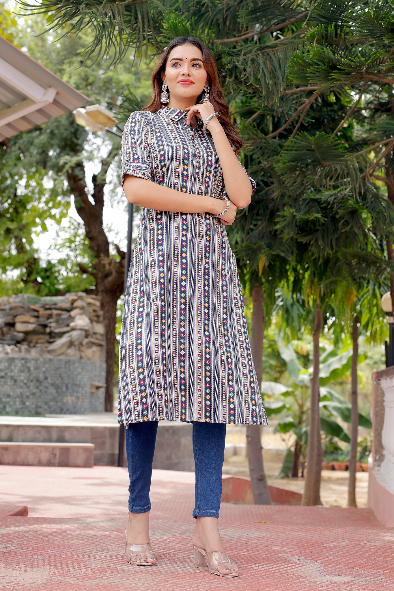 Ethnic Motifs Blue Printed Pure Cotton Kurti - Yagnik Fashion