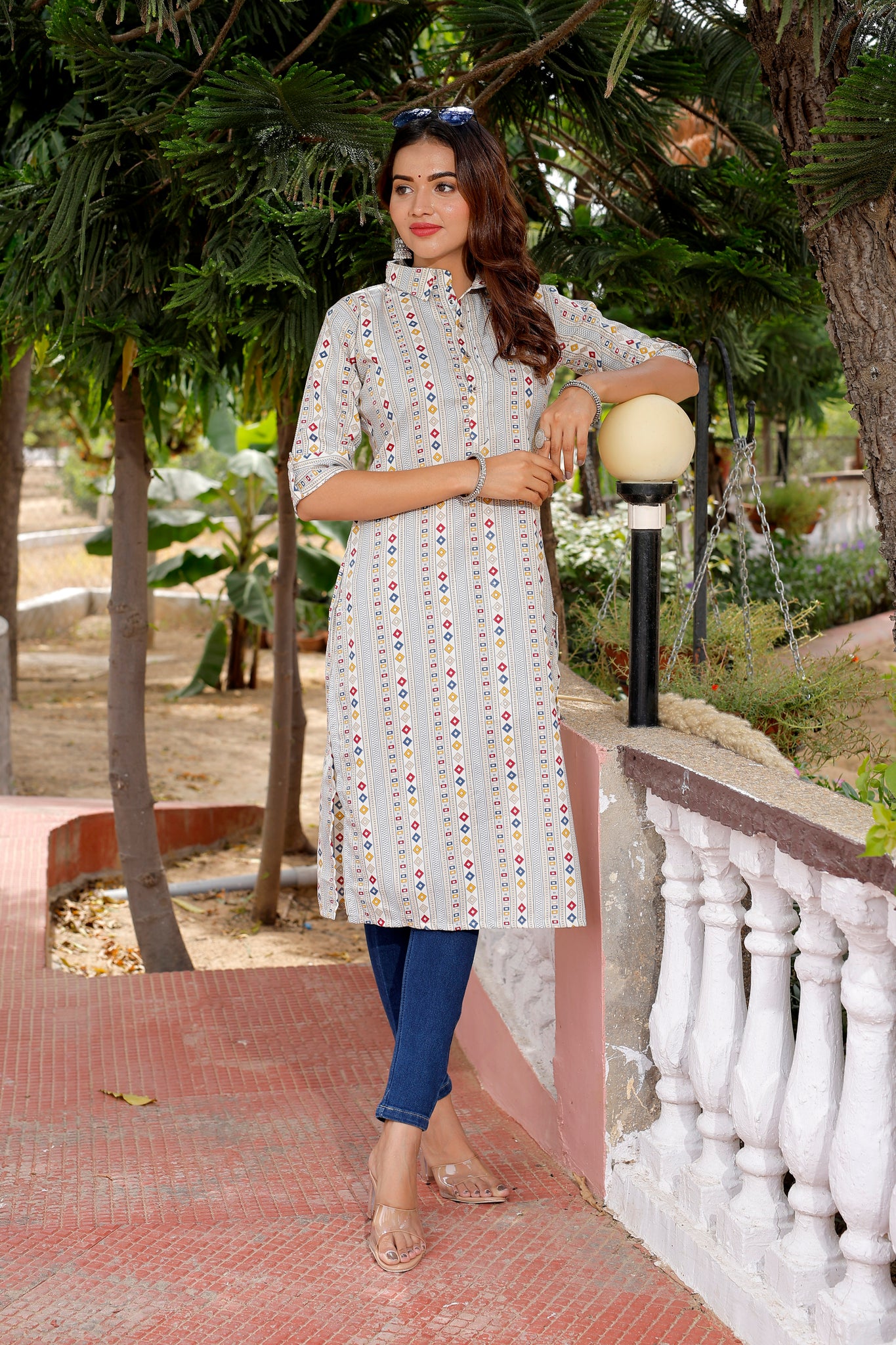 Ethnic Motifs Grey Printed Pure Cotton Kurti - Yagnik Fashion