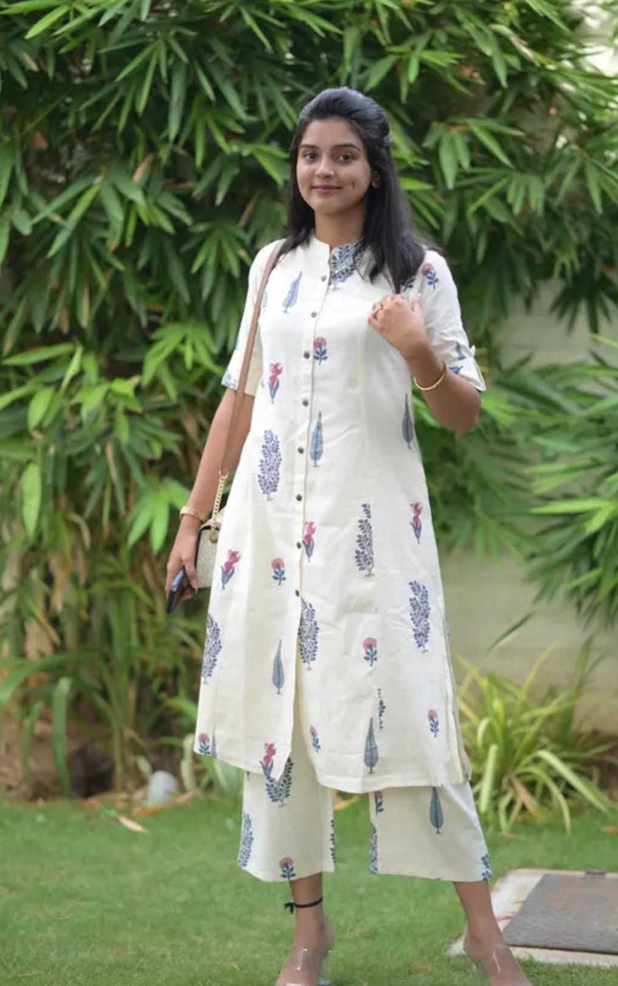 YAGNIK FASHION Floral Printed Mandarin Collar A-Line Kurta With Trousers - Yagnik Fashion