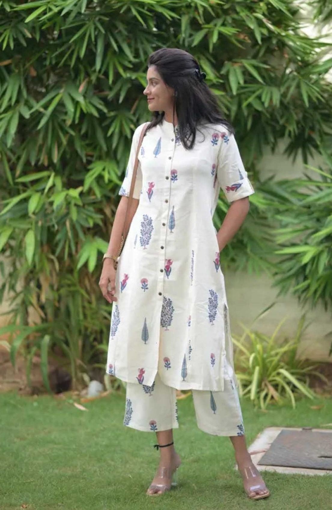 YAGNIK FASHION Floral Printed Mandarin Collar A-Line Kurta With Trousers - Yagnik Fashion