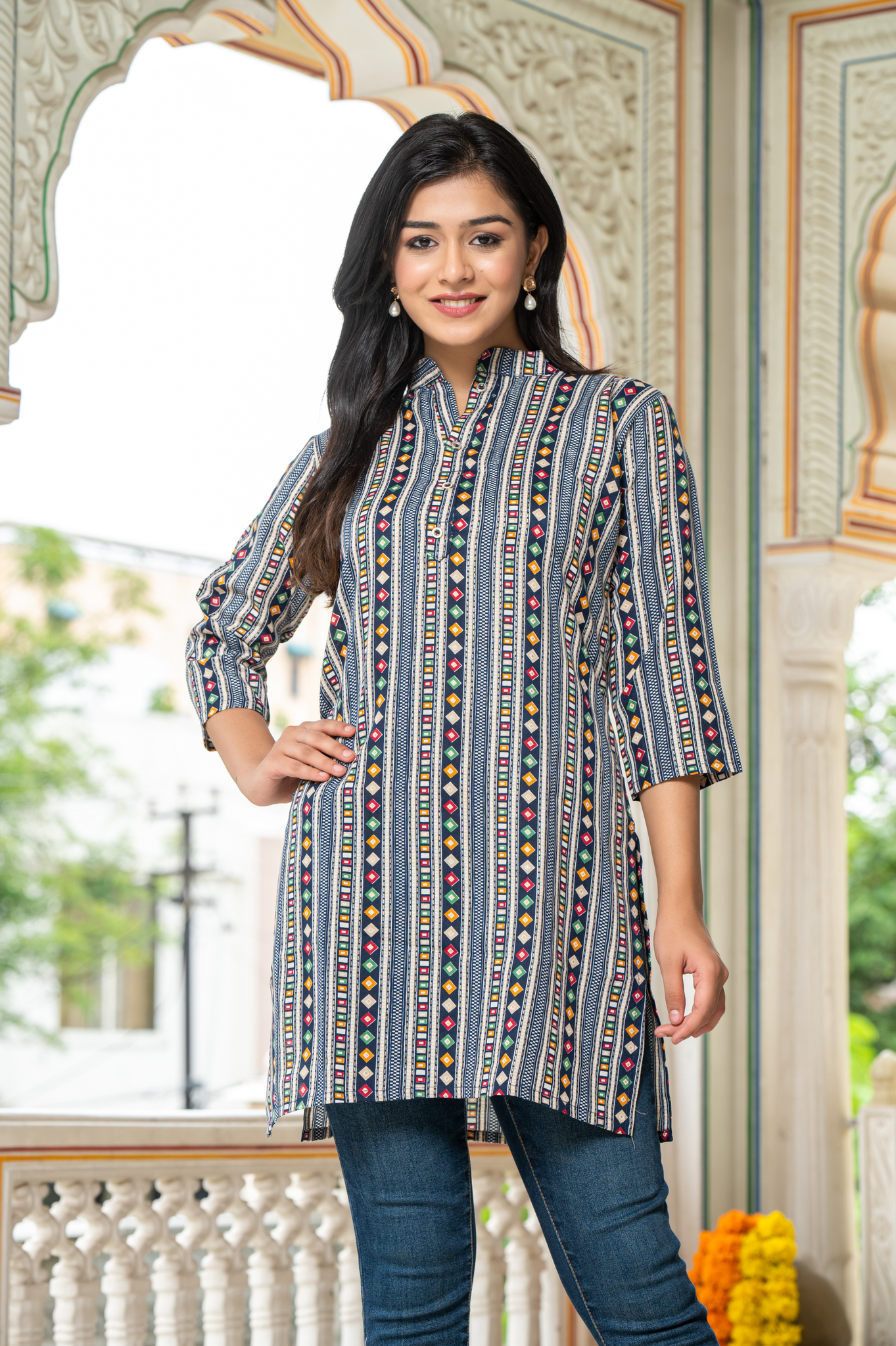 Ethnic Motifs Blue Printed Shirt Style Top For Women - Yagnik Fashion