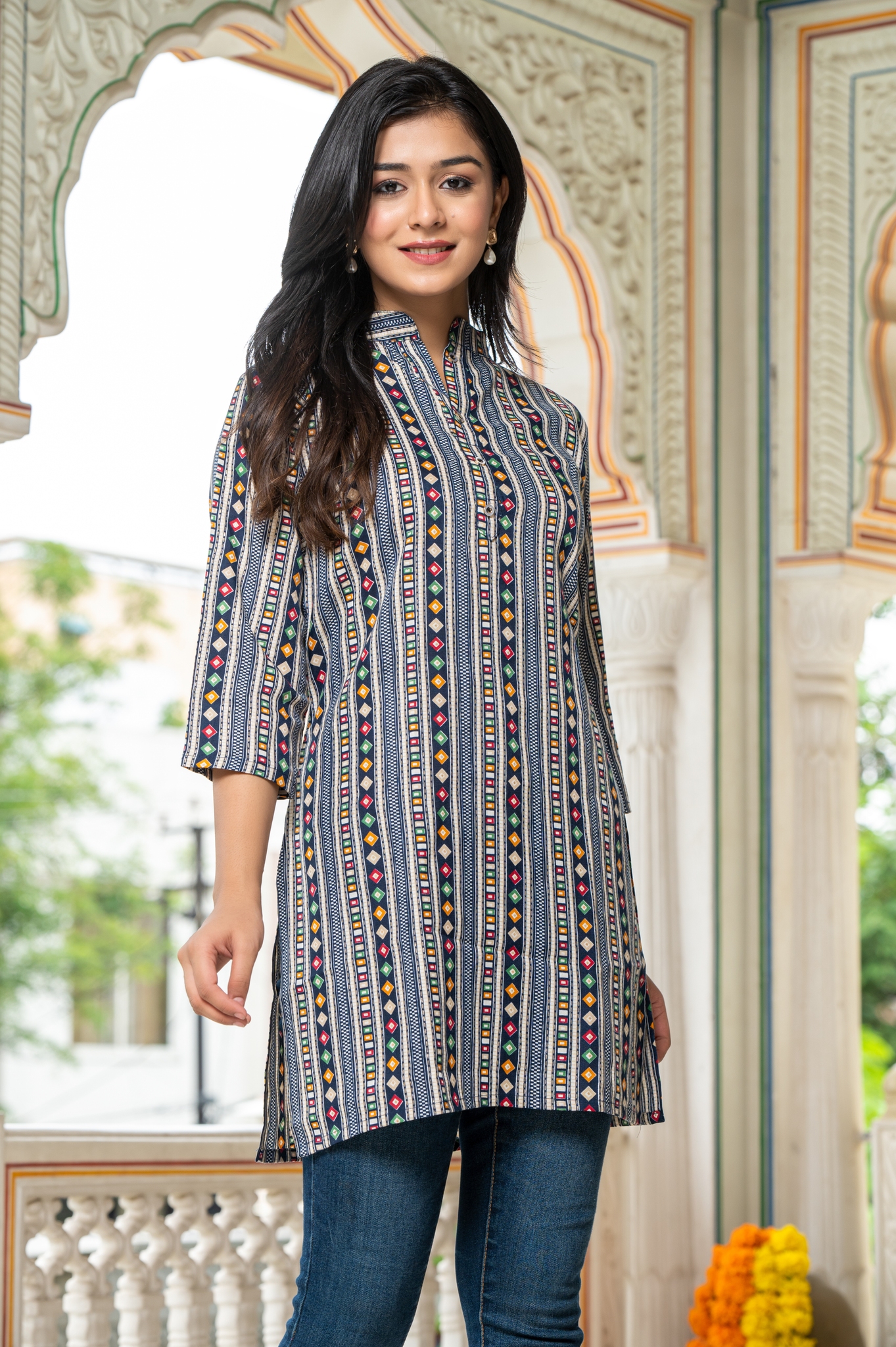 Ethnic Motifs Blue Printed Shirt Style Top For Women - Yagnik Fashion