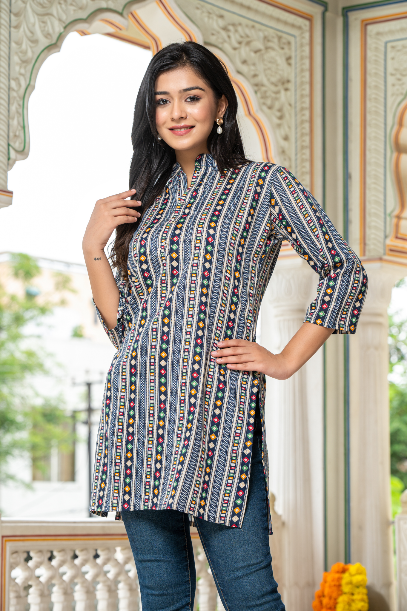 Ethnic Motifs Blue Printed Shirt Style Top For Women - Yagnik Fashion