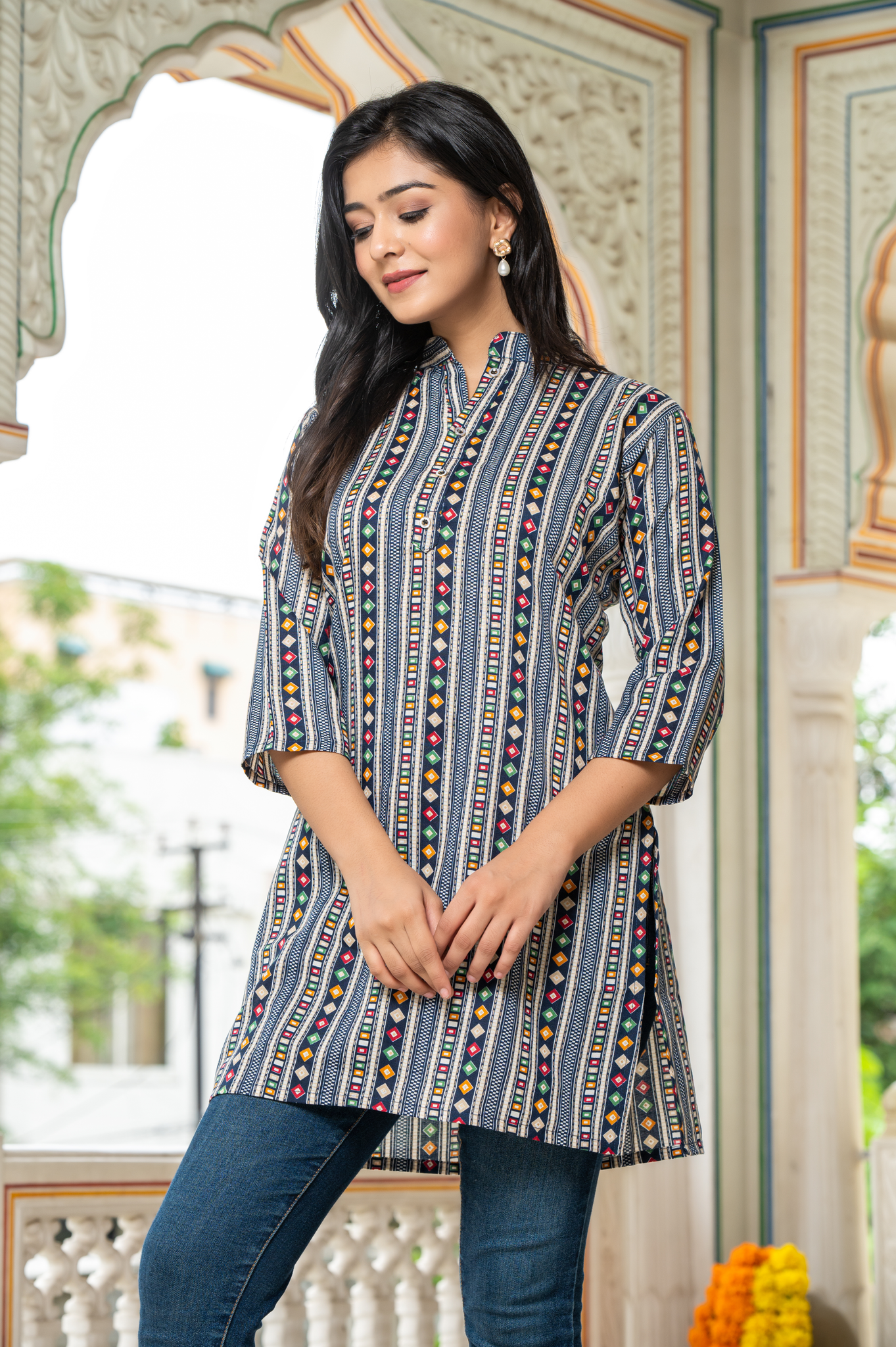 Ethnic Motifs Blue Printed Shirt Style Top For Women - Yagnik Fashion