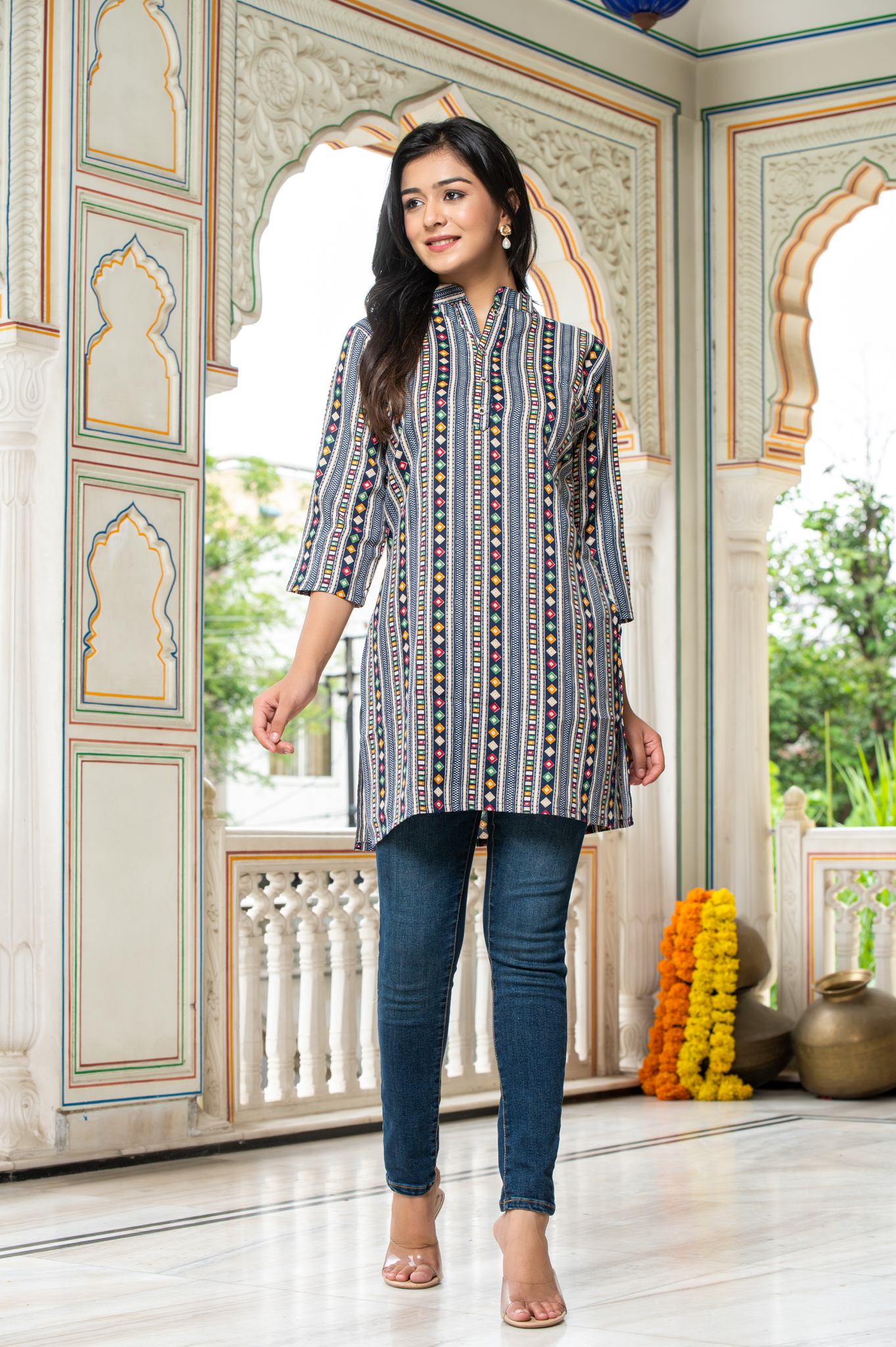 Ethnic Motifs Blue Printed Shirt Style Top For Women - Yagnik Fashion