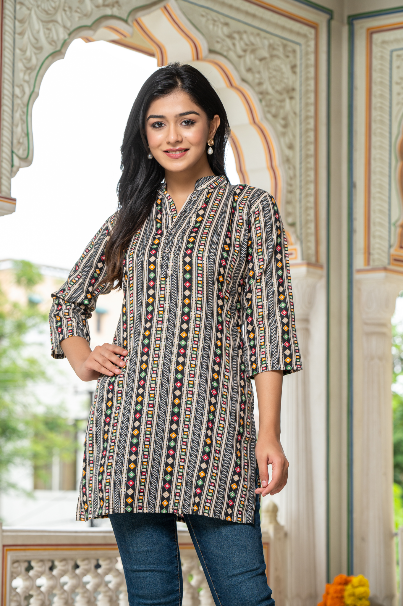 Ethnic Motifs Green Printed Shirt Style Top For Women - Yagnik Fashion