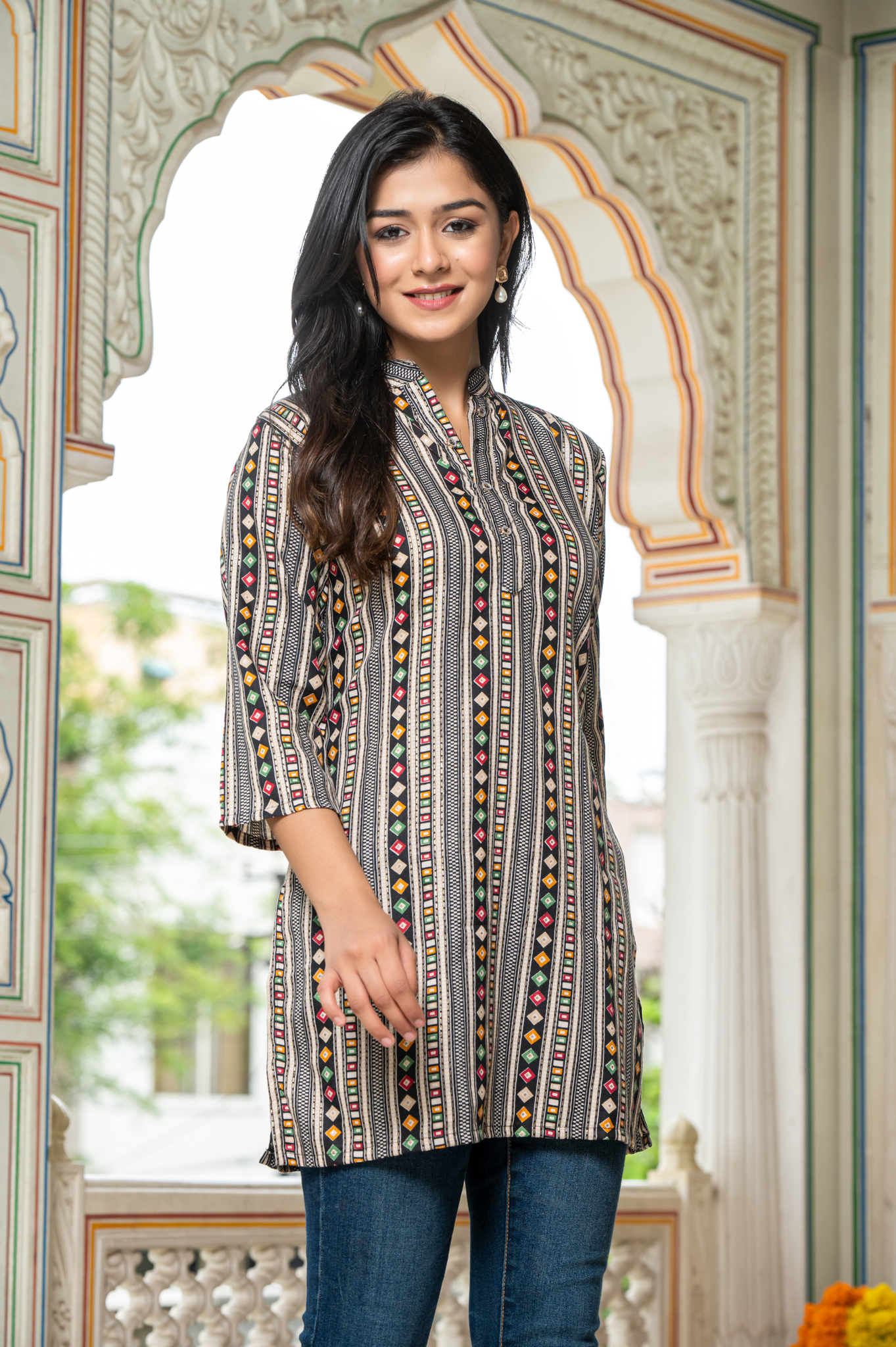 Ethnic Motifs Green Printed Shirt Style Top For Women - Yagnik Fashion