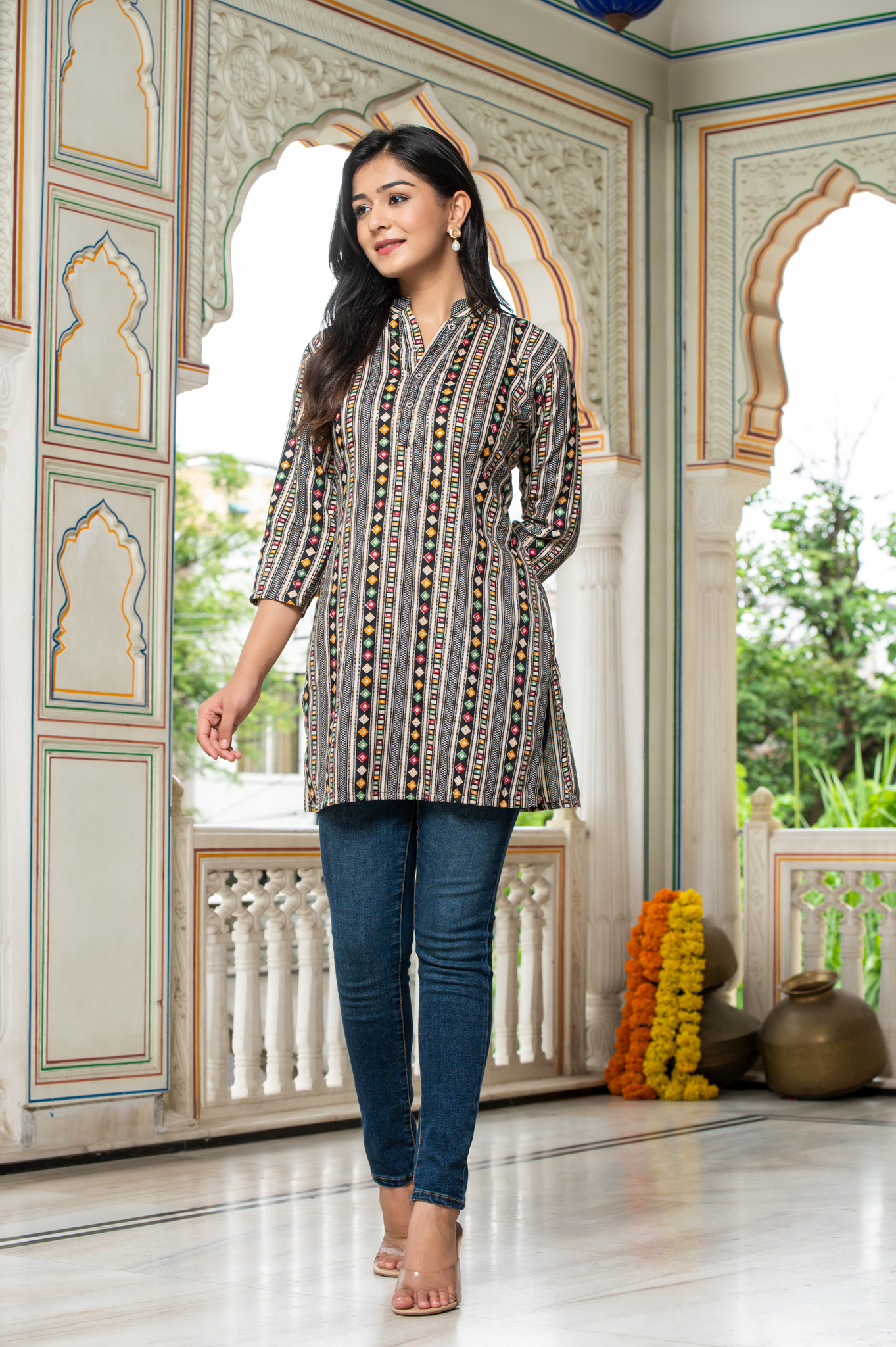 Ethnic Motifs Green Printed Shirt Style Top For Women - Yagnik Fashion