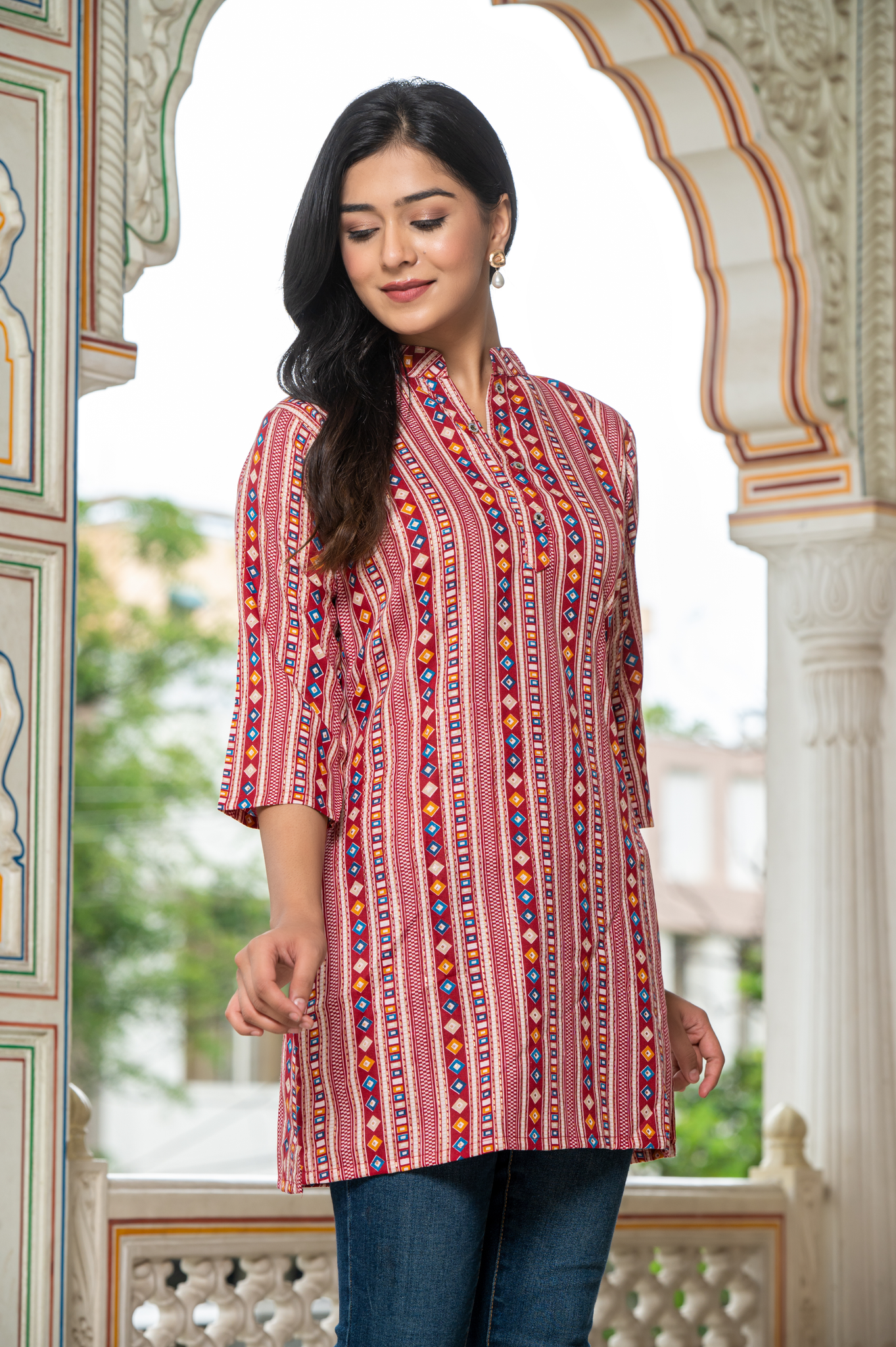 Ethnic Motifs Pink Printed Shirt Style Top For Women - Yagnik Fashion