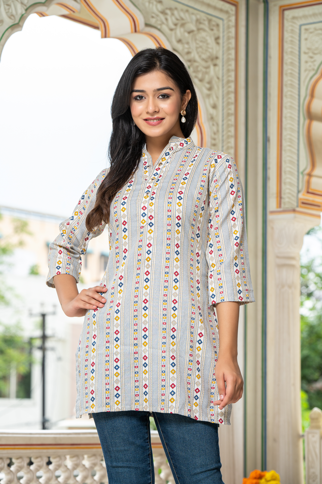 Ethnic Motifs White Printed Shirt Style Top For Women - Yagnik Fashion