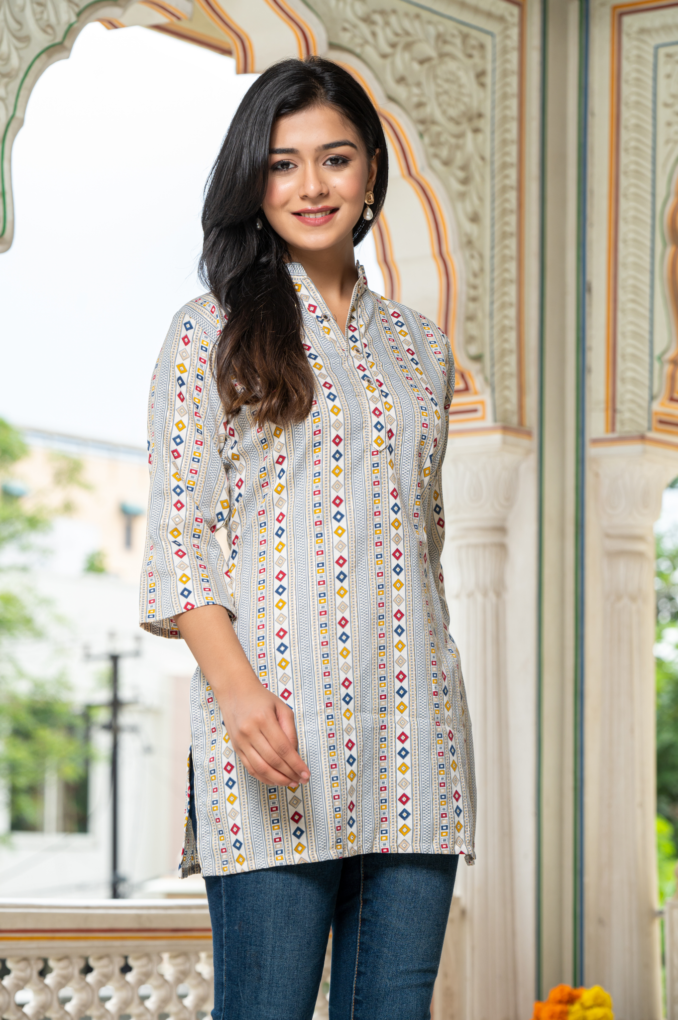 Ethnic Motifs White Printed Shirt Style Top For Women - Yagnik Fashion