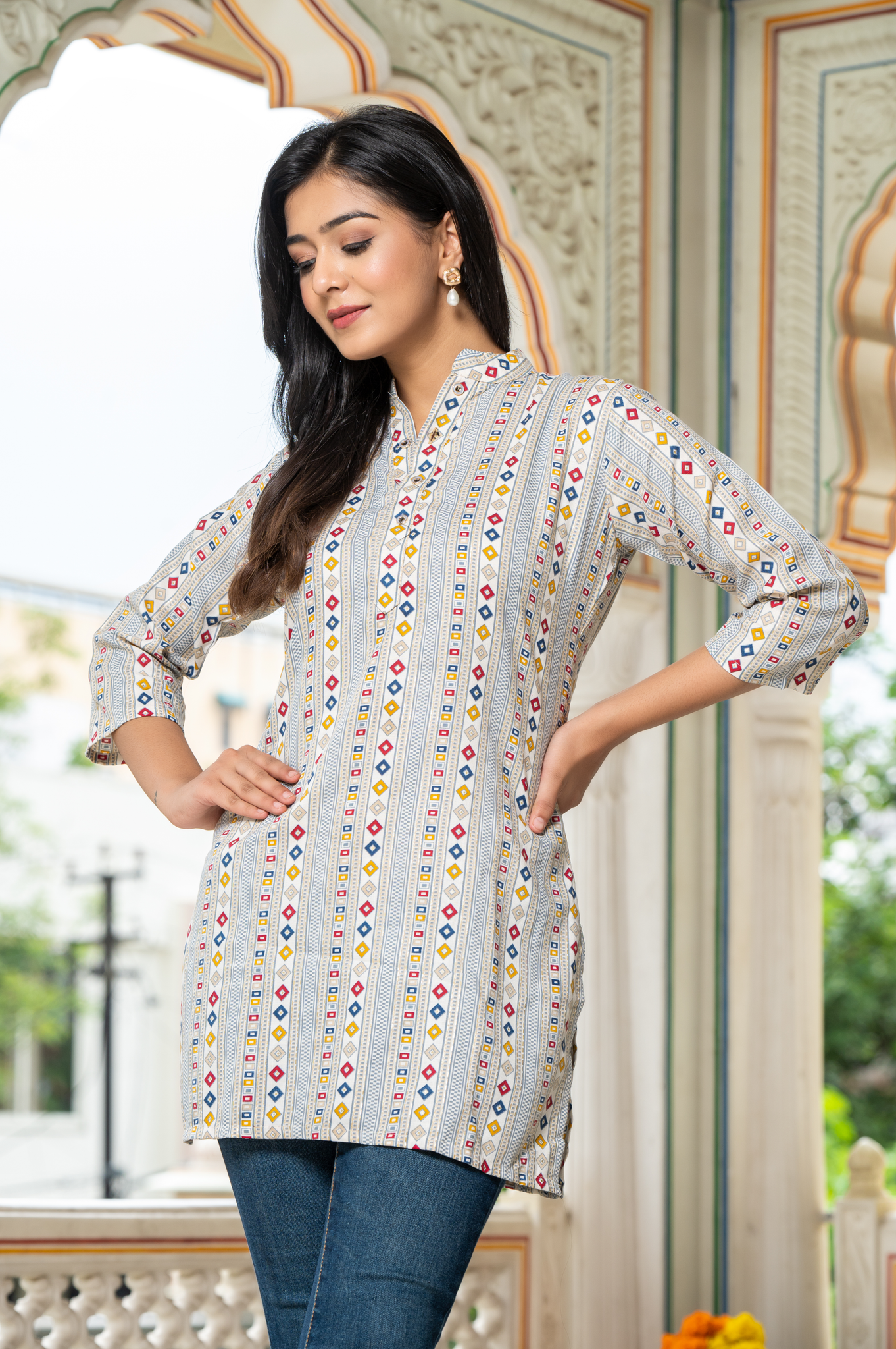 Ethnic Motifs White Printed Shirt Style Top For Women - Yagnik Fashion