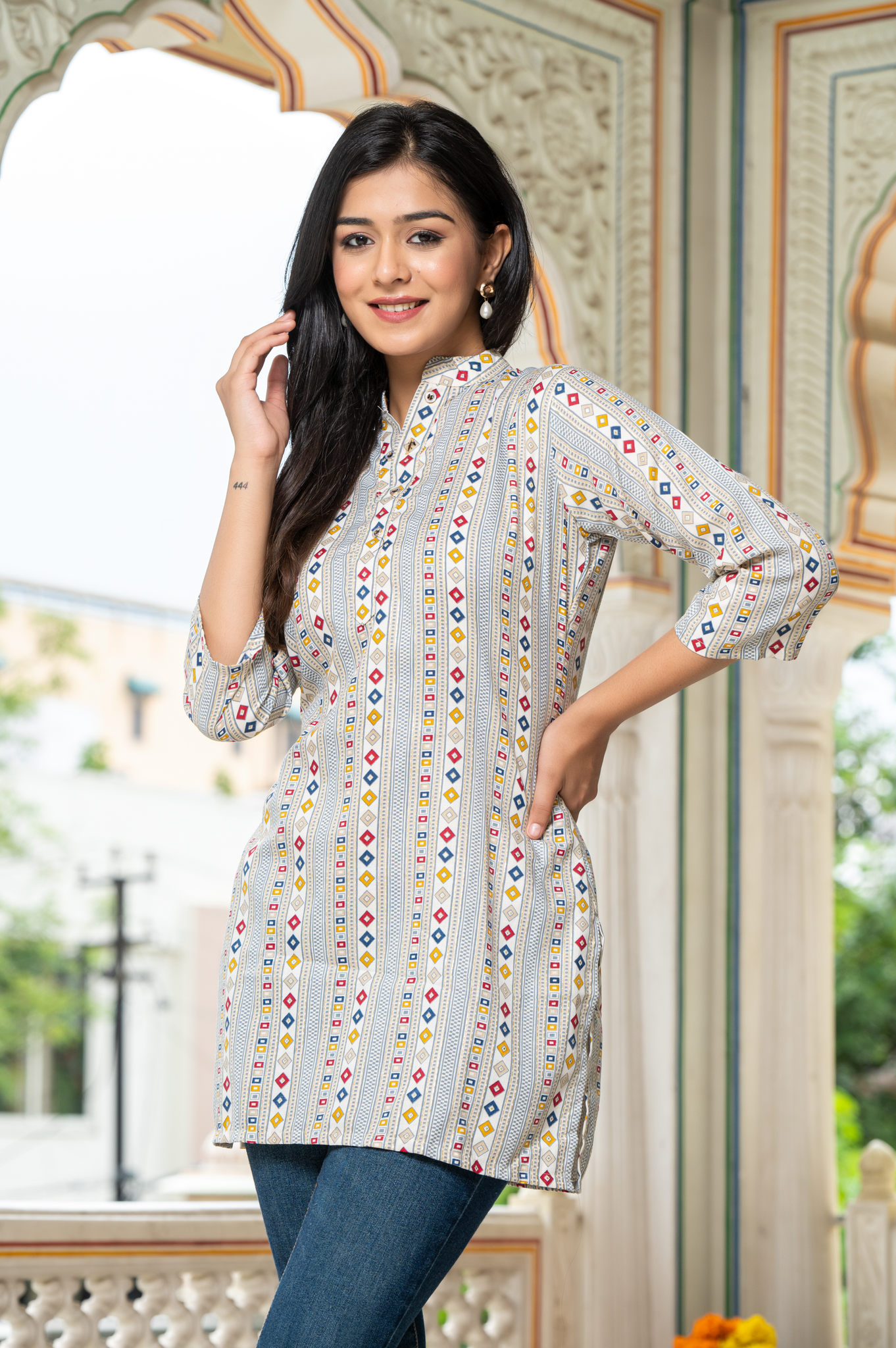 Ethnic Motifs White Printed Shirt Style Top For Women - Yagnik Fashion