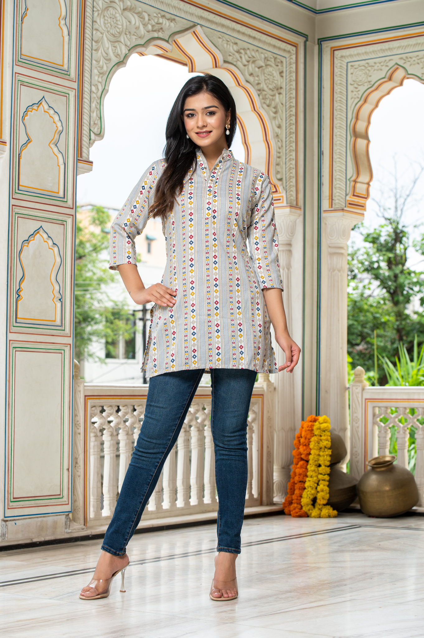 Ethnic Motifs White Printed Shirt Style Top For Women - Yagnik Fashion