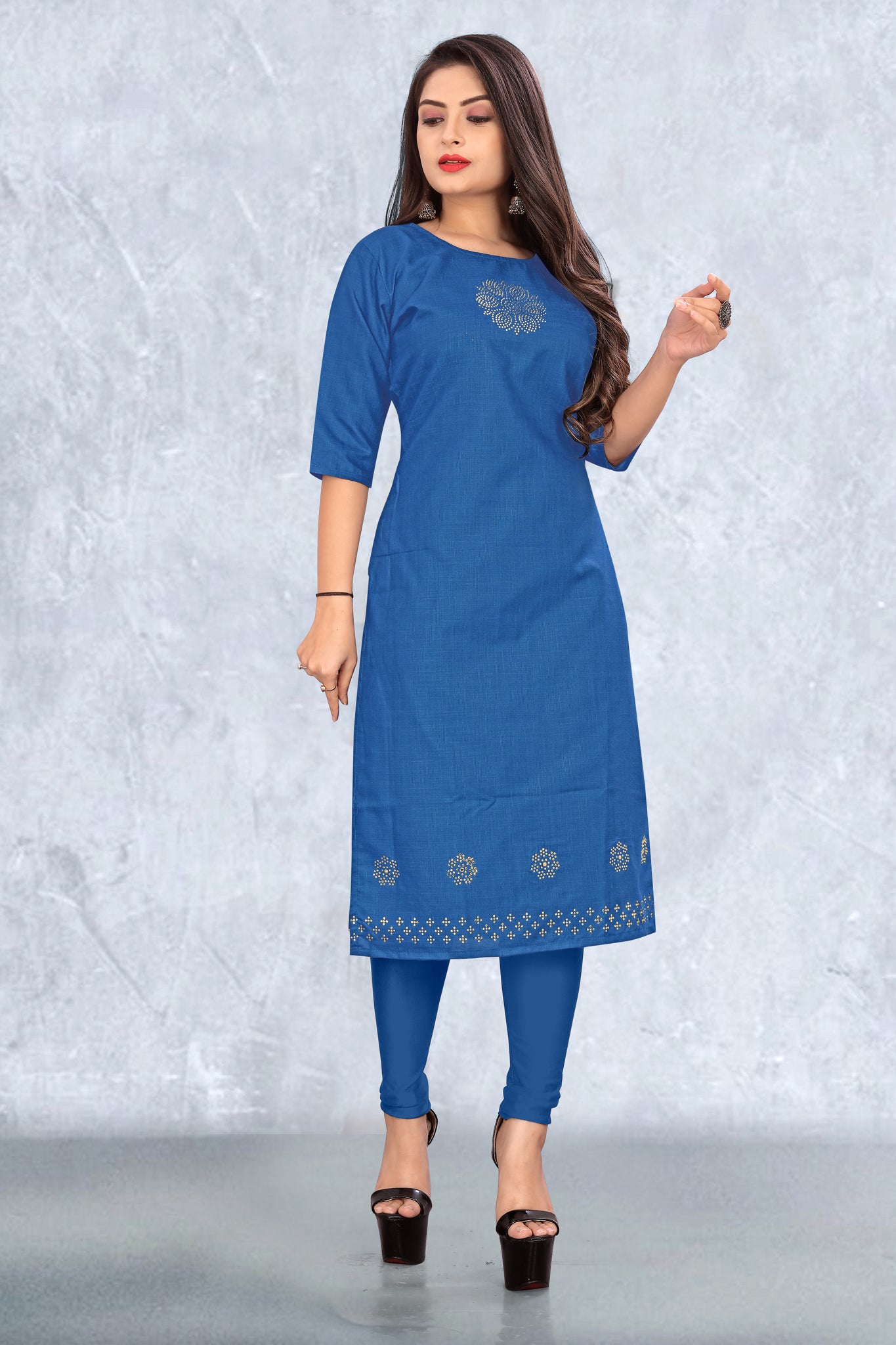 South Cotton Kurti With Rayon Plazo In Sky Blue Color With Embroidery Work  ,Cotton Work Duppata - Kurti