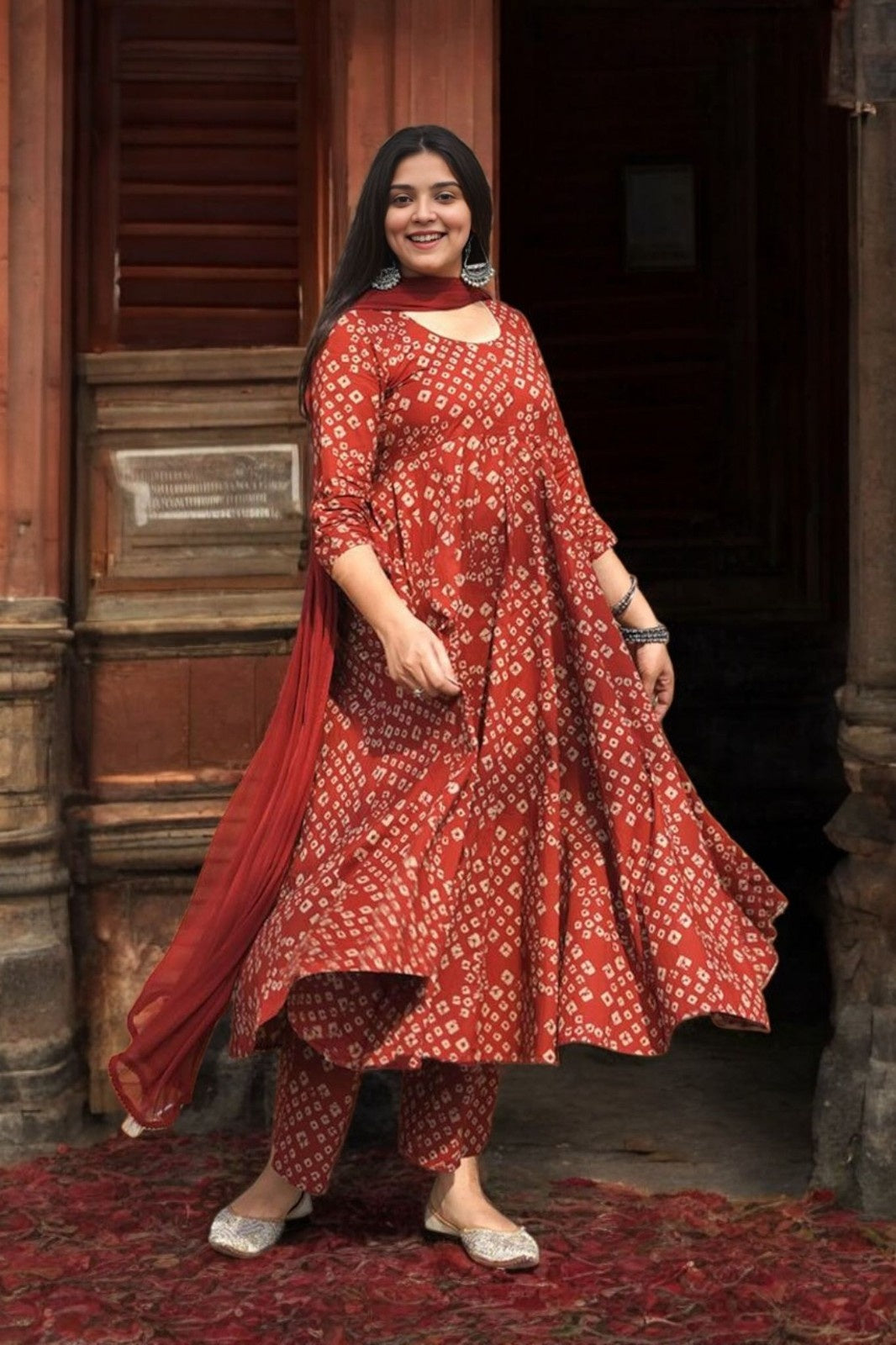 YAGNIK FASHION ACACIO  Printed V-Neck Pleated Anarkali Kurta With Palazzos & Dupatta